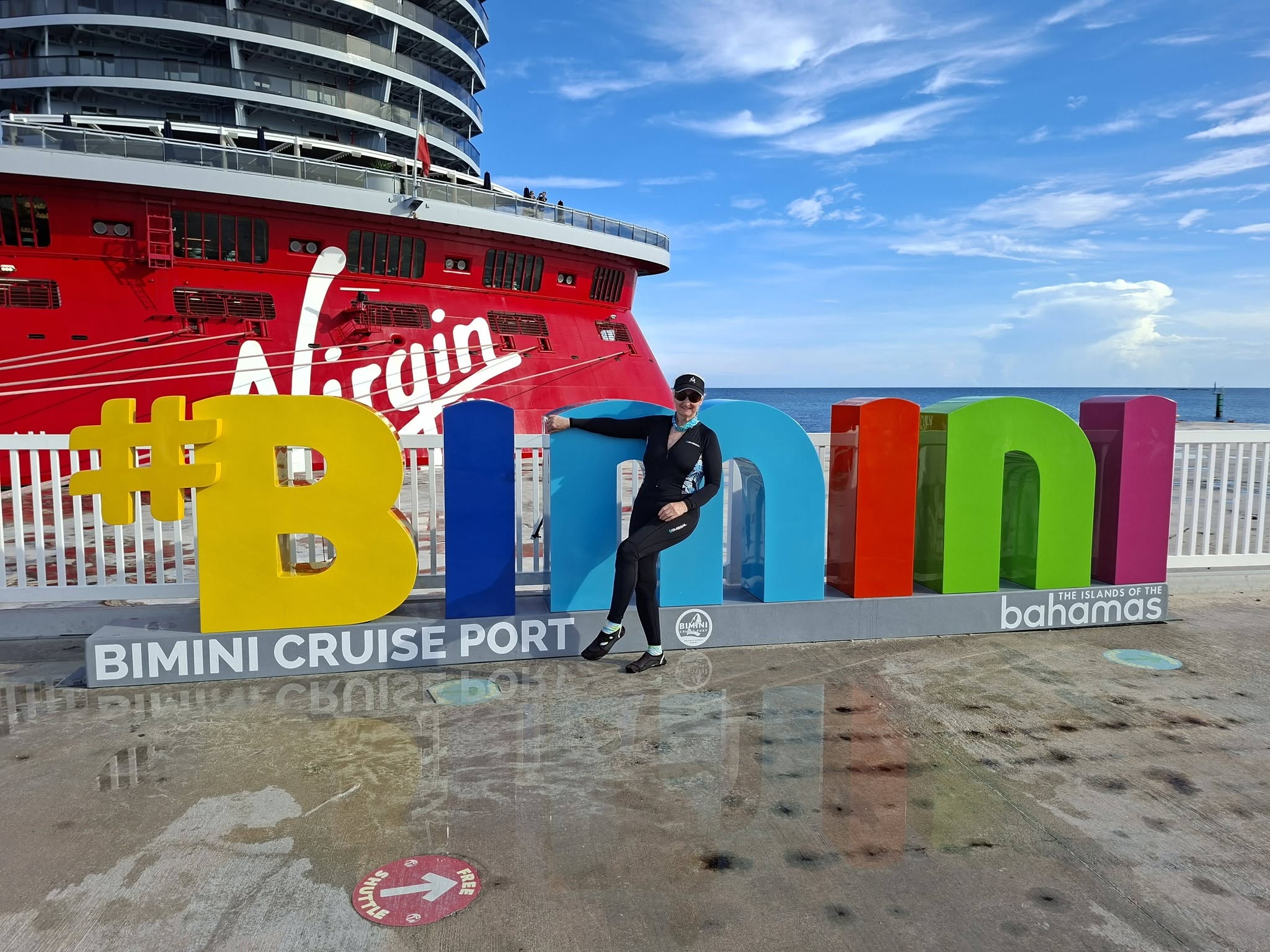 Judy in scuba gear at Bimini Cruise Port during a previous Virgin Voyages cruise